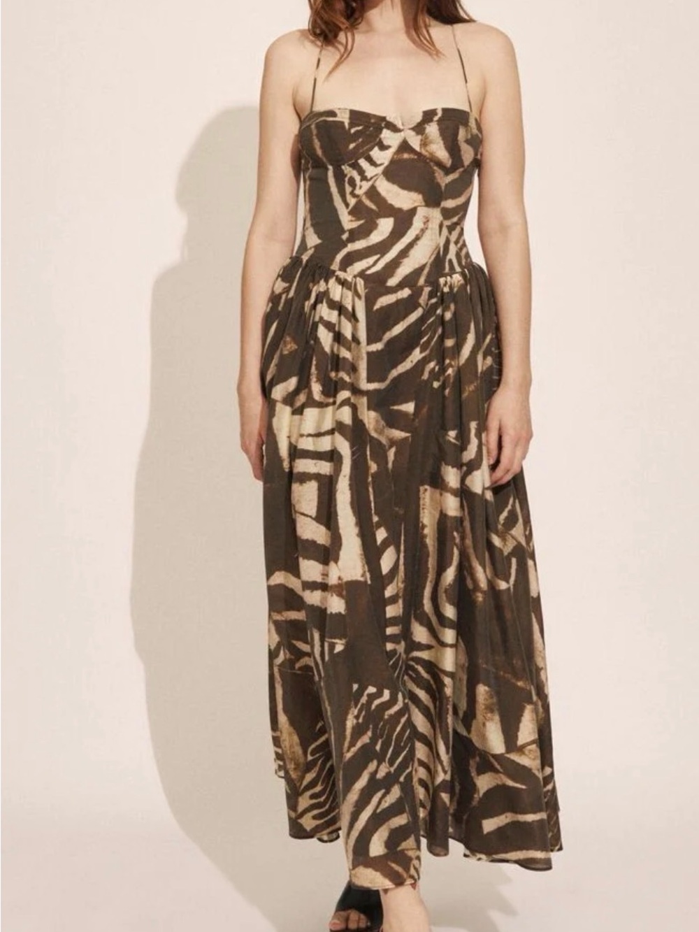 Bardot Strapless Maxi Dress in Brown & Cream Abstract Print